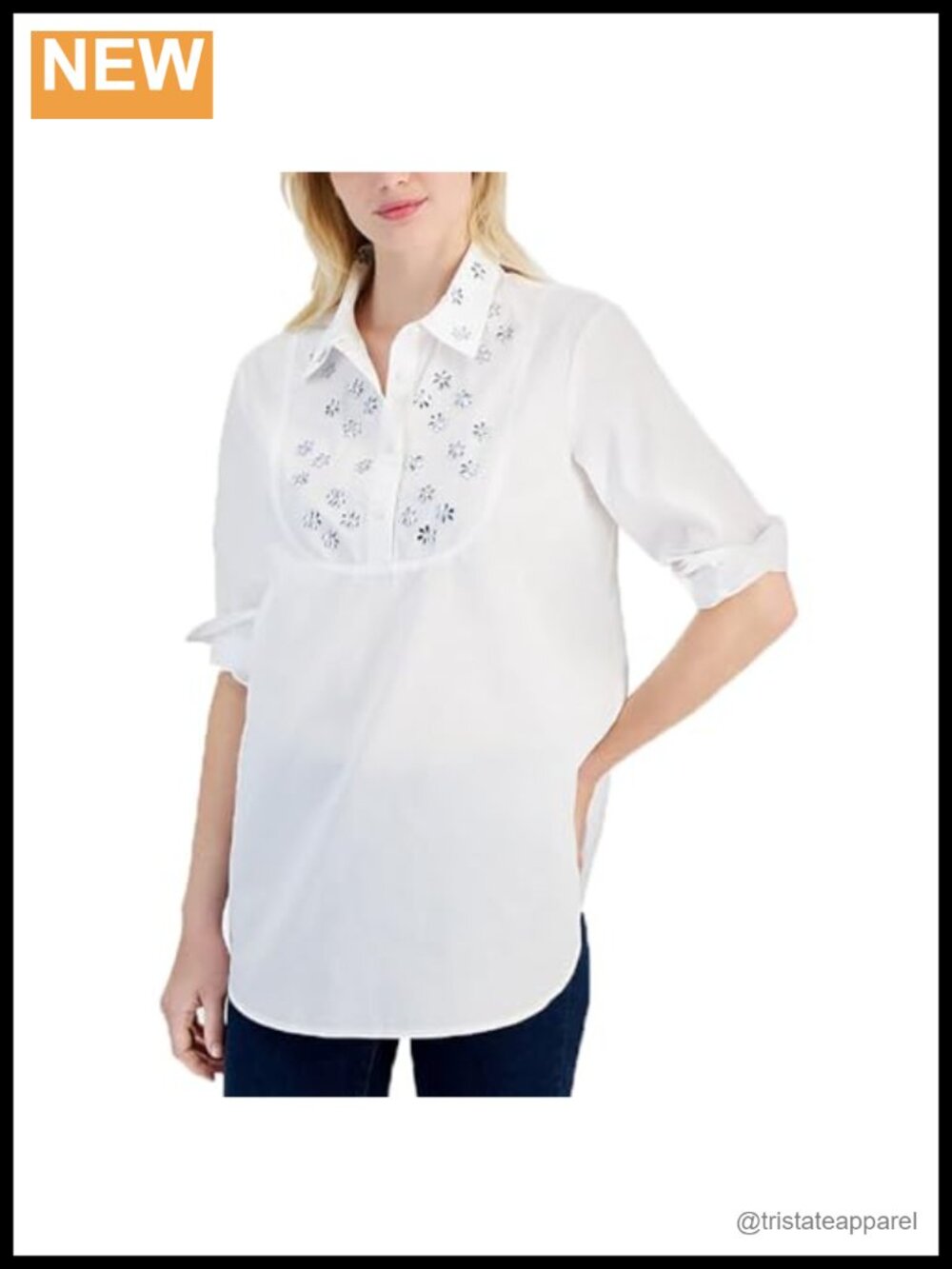 Long Sleeve Embellished Cotton Blouse Shirt Women's Classic Fit Button Down